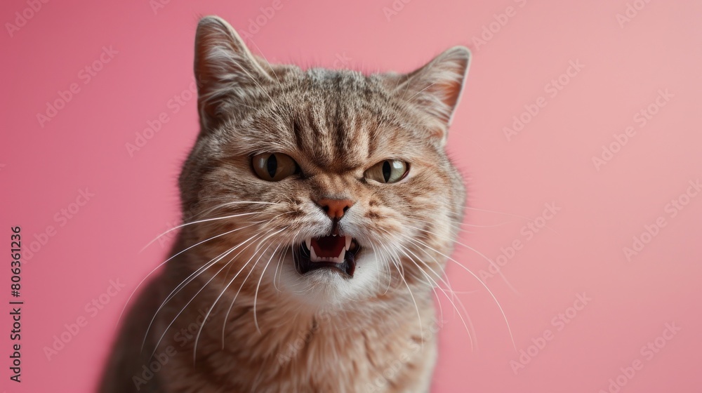 Pixie-bob, angry cat baring its teeth, studio lighting pastel background