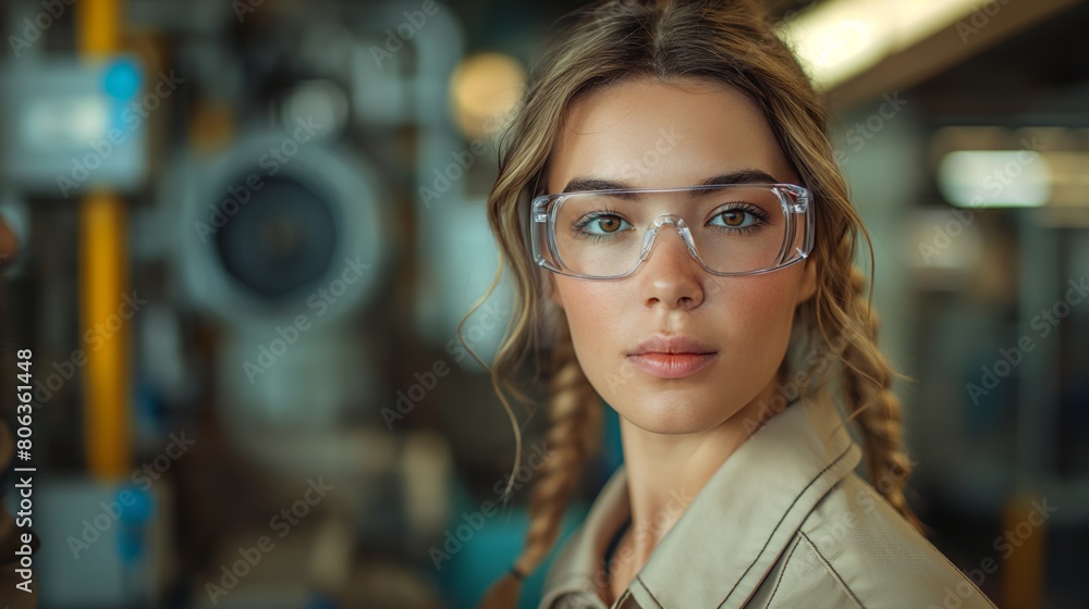 Portrait of a young woman worker in overalls and safety glasses, personal protective equipment Portrait of a young woman worker in overalls and safety glasses, personal protective equipment
