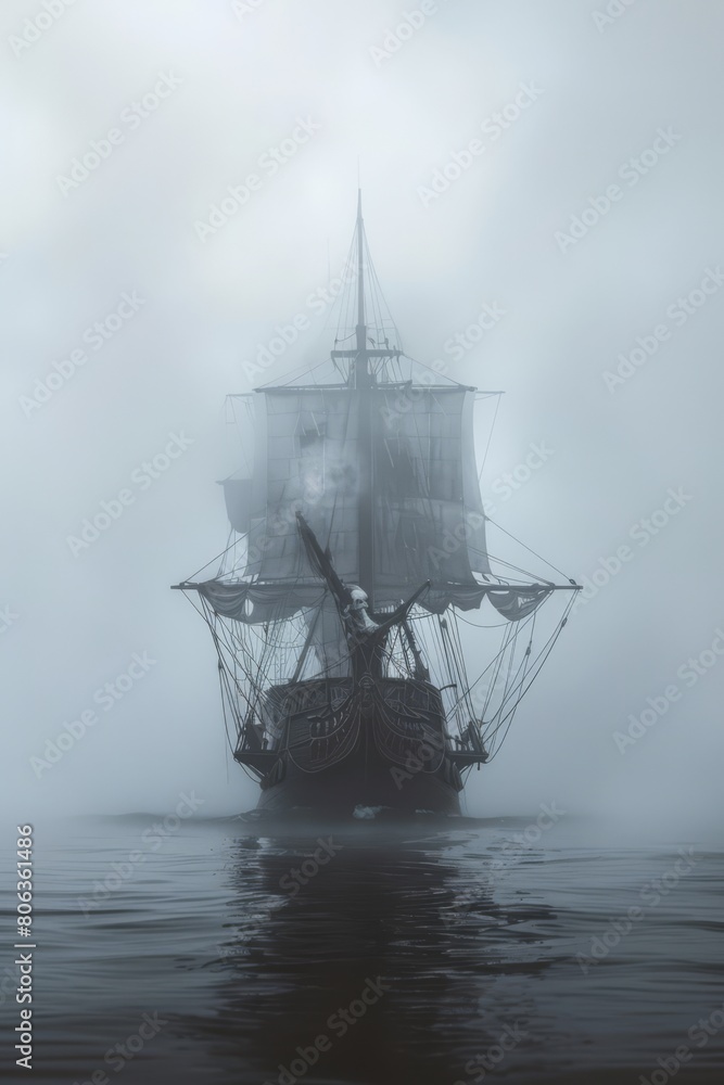 a pirate ship in the fog, photography with white background, generated with AI a pirate ship in the fog, photography with white background, generated with AI