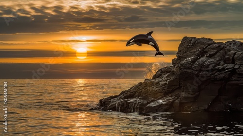 a photo taken at sunset  a rock and stone jetty in Hammond  Oregon  where an orca is jumping over the jetty  the sun is setting over the ocean  generated with AI