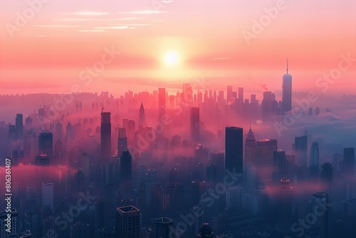 Stunning Sunrise Over Foggy Metropolis Skyline