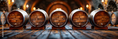 Aged Wine Barrels in Cellar Row Upon Row of Wood,
Vintage wooden barrels on dark wine cellar blurred background old brown oak casks in storage of winery photo