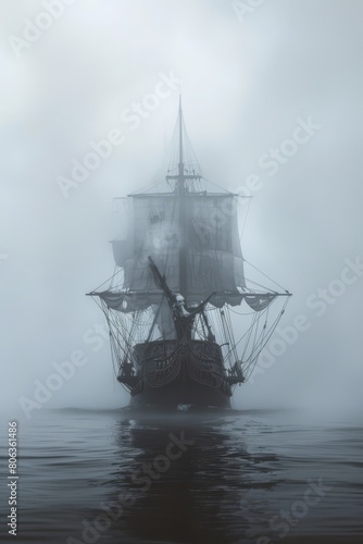a pirate ship in the fog, photography with white background, generated with AI