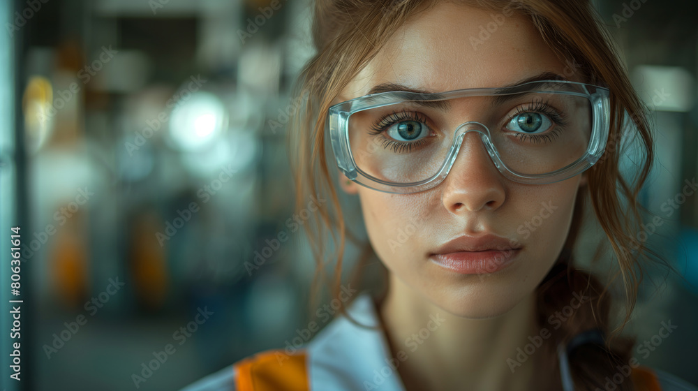 Portrait of a young woman worker in overalls and safety glasses, personal protective equipment Portrait of a young woman worker in overalls and safety glasses, personal protective equipment
