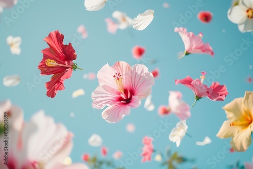 The image features a blue sky with white clouds and a variety of falling flowers, including red, pink, and white hibiscus and cosmos flowers. © Matee