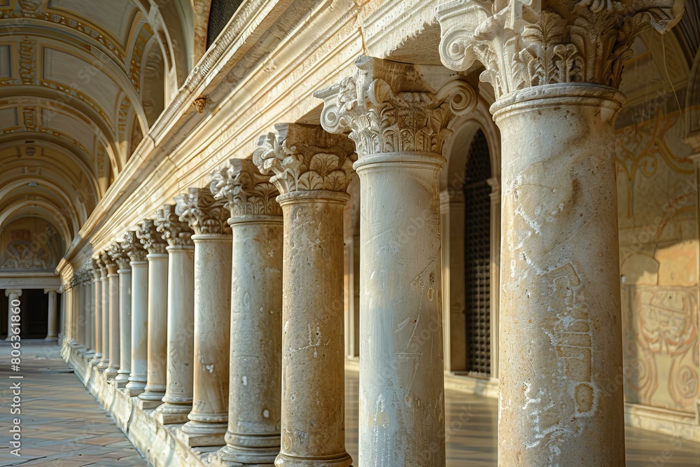 Elegant Antique Pillars in a Grand Medieval Palace Hallway Elegant Antique Pillars in a Grand Medieval Palace Hallway