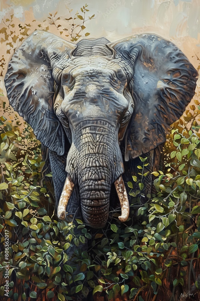 Fototapeta premium A realistic oil painting of an african elephant hiding in a bush looking mysterious. simplistic, modern , generated with ai