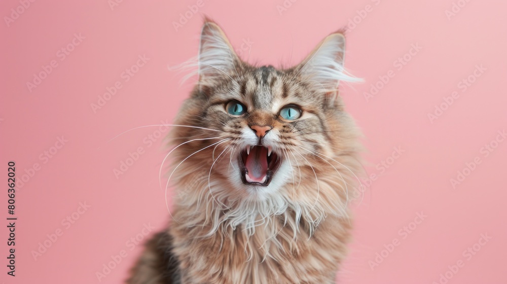 American Bobtail, angry cat baring its teeth, studio lighting pastel background