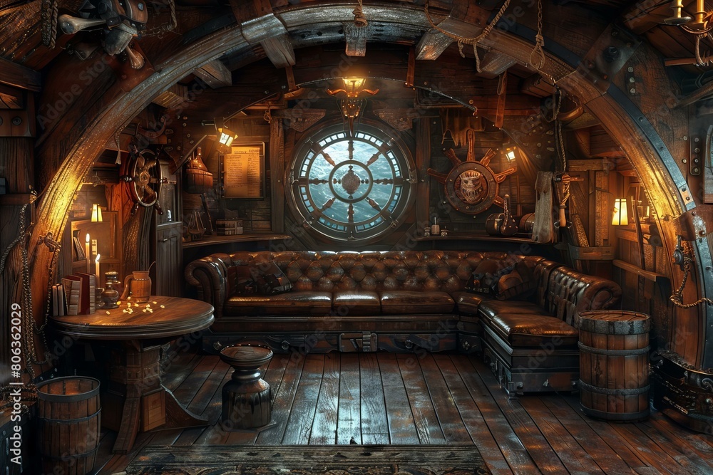 Fototapeta premium Intricate Pirate Ship Cabin Interior with Vintage Decor