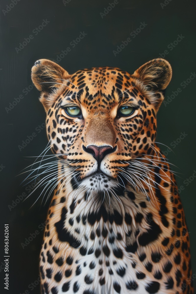 Obraz premium a realistic oil painting of an african Leopard happy looking mysterious. simplistic, modern, generated with AI