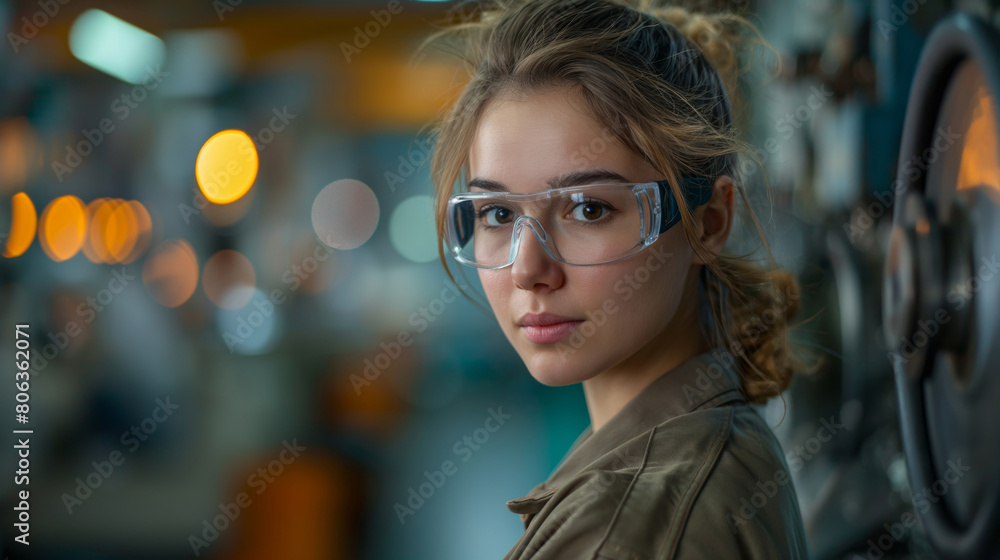 Portrait of a young woman worker in overalls and safety glasses, personal protective equipment Portrait of a young woman worker in overalls and safety glasses, personal protective equipment