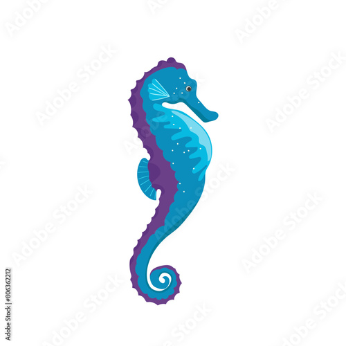Cute sea horse wild creature flat cartoon underwater character isolated on white background