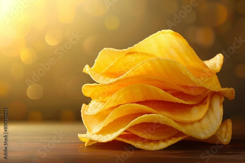 Golden Potato Chips Stack on Wooden Background photo