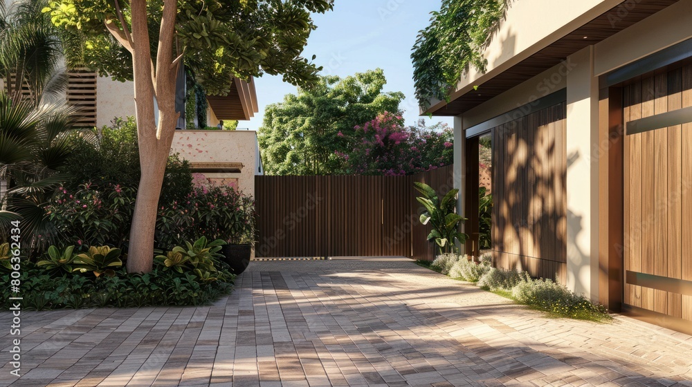 A modern, luxurious home with a brown, raw wooden gate closed and a classic wood portal access door