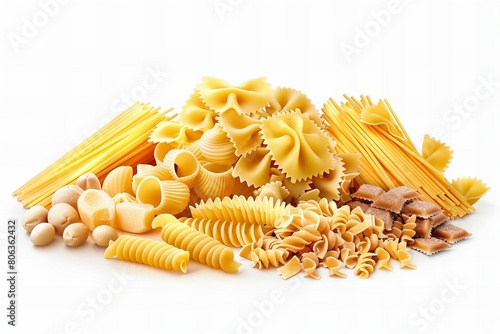 Assorted Dry Pasta Varieties Arranged on White Background