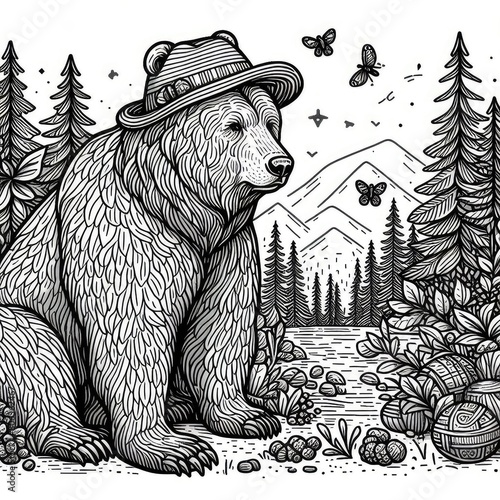 Monochrome line art bear in sketch style coloring page illustration photo