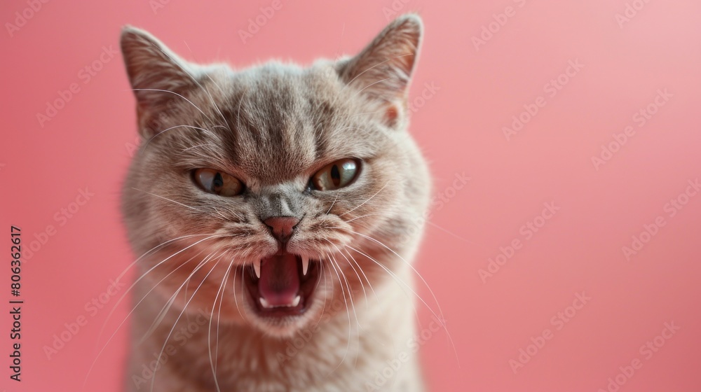 British Shorthair, angry cat baring its teeth, studio lighting pastel background