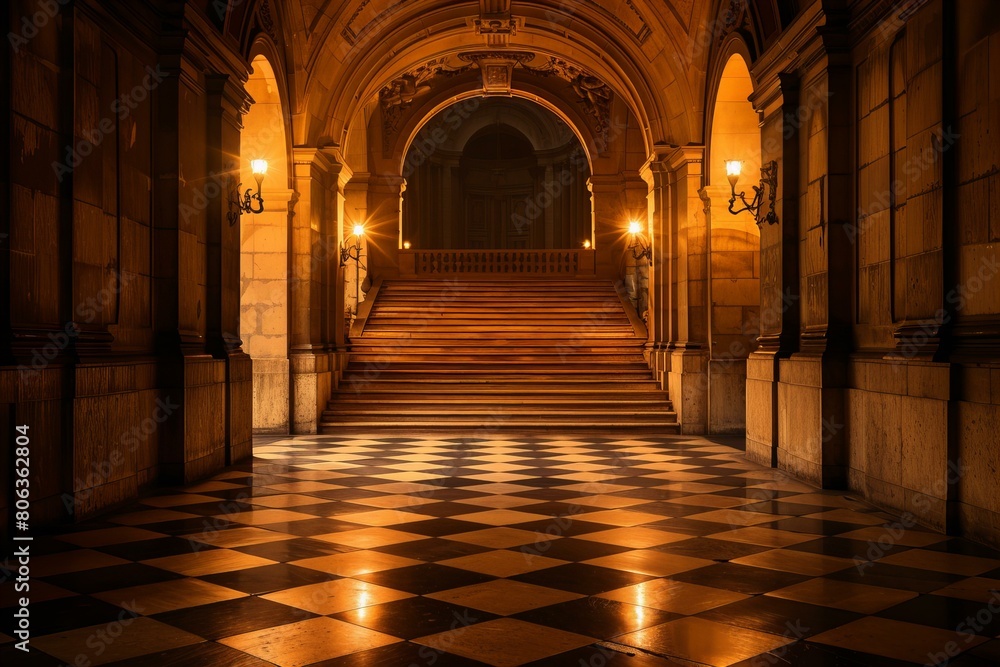 Fototapeta premium Elegant Royal Palace Hallway with Staircase and Checkered Floor at Night