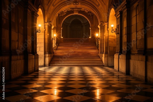 Elegant Royal Palace Hallway with Staircase and Checkered Floor at Night