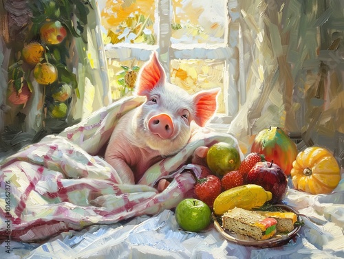 A softed oil painting of a cute pigle holding its blanket sit in bed,many fruits and snack,sun is shining outside the window , generated with ai photo