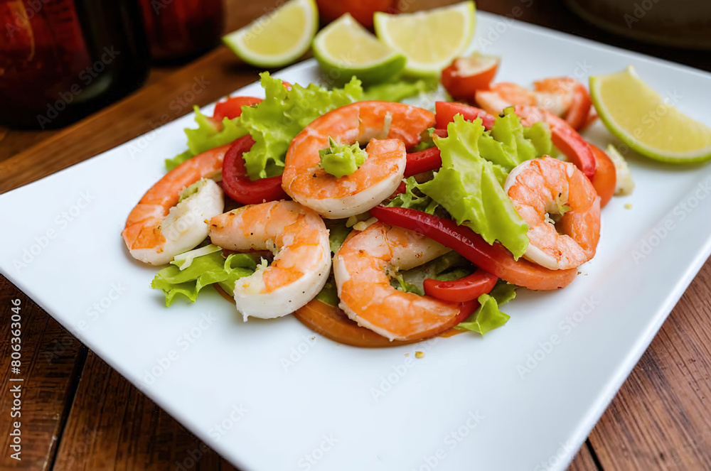 Fresh salad plate with shrimp, tomato and mixed greens on white plate background close up. Fresh salad plate with shrimp, tomato and mixed greens on white plate background close up.