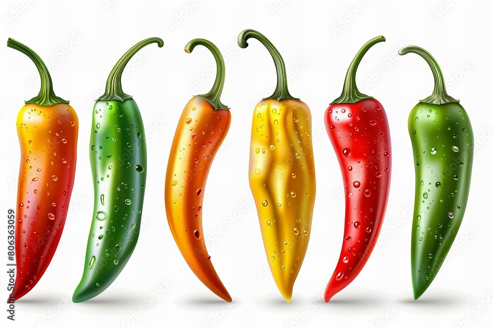 Colorful Dew-Covered Red, Yellow, and Green Chili Peppers Colorful Dew-Covered Red, Yellow, and Green Chili Peppers