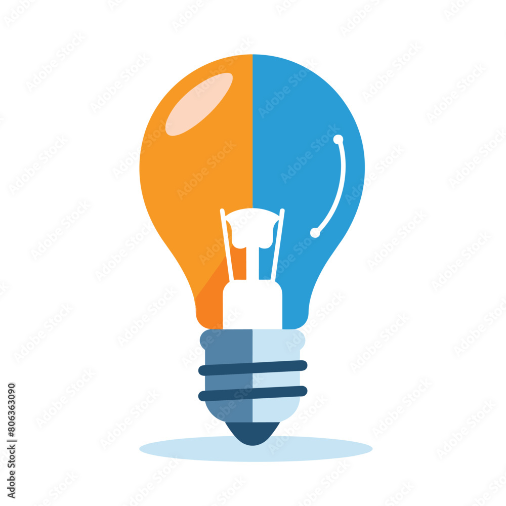 Colorful light bulb illustration with divided halves in orange and blue. Colorful light bulb illustration with divided halves in orange and blue.