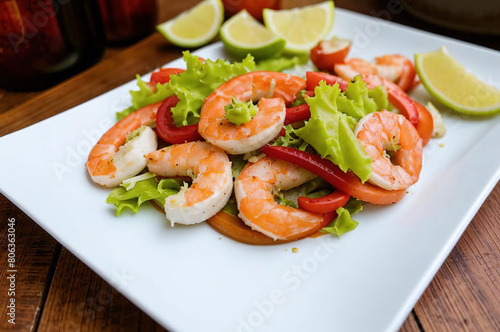 Fresh salad plate with shrimp, tomato and mixed greens on white plate background close up.