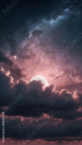 Rose Quartz Enigmatic Moonlit Sky with Wispy Clouds and Glittering Stars Phone Background Wallpaper.