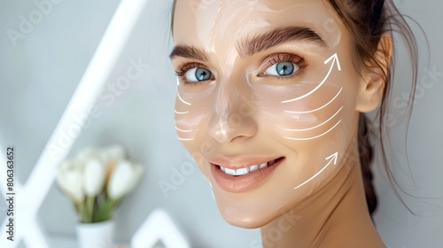 Fresh-faced Woman with Digital Beauty Enhancement, Modern Skincare Concept. Highlighting Youthful Skin in Light, Clean Setting. AI photo