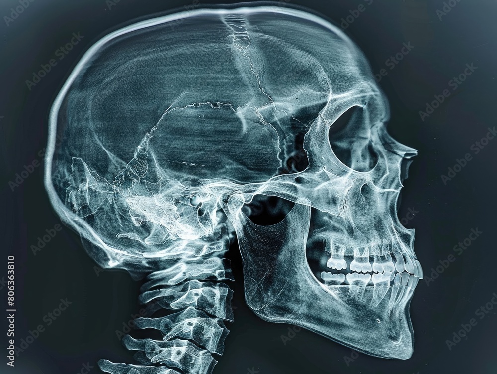 Xray image showcasing a human skull, detailed view of cranial structure ...