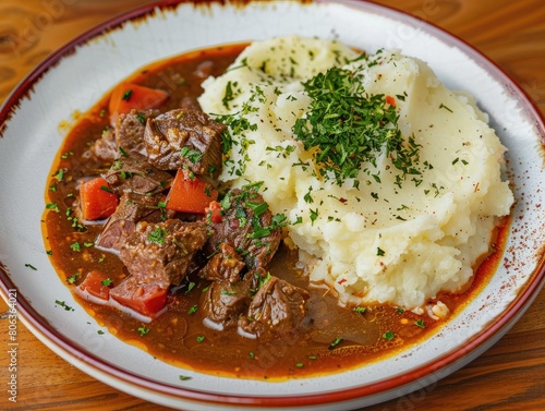 traditional comfort food from Peruvian cuisine, beef stew served with creamy mashed potatoes and rice. A hearty and flavorful dish that embodies the rich culinary heritage of Peru.