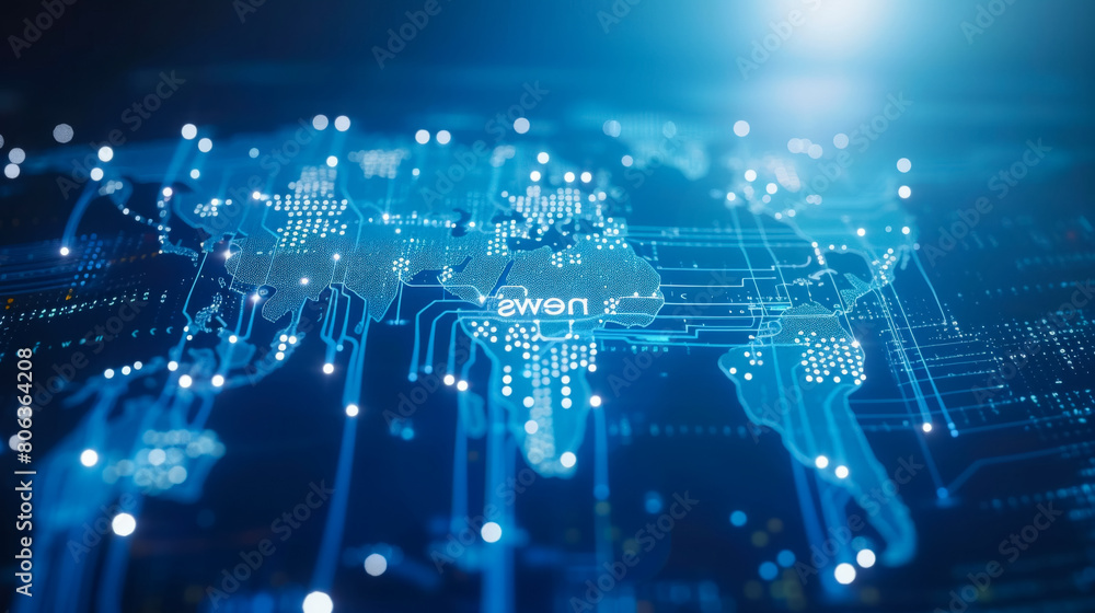 stylized logo on a blue background. Behind the text is the outline of a