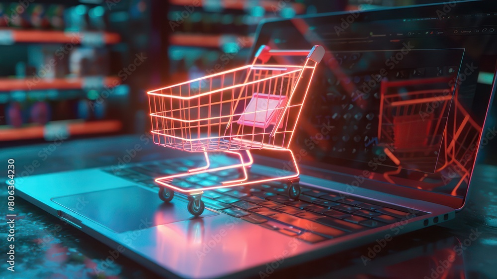 Glowing shopping cart on a laptop created with Generative AI Glowing shopping cart on a laptop created with Generative AI