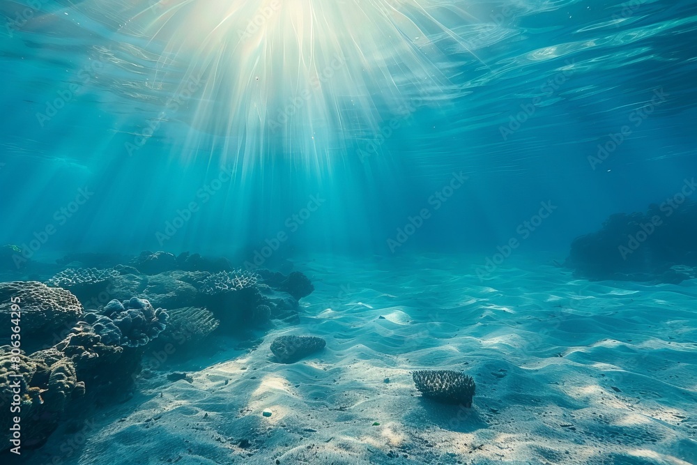 Fototapeta premium Sunlight Streaming Through Clear Blue Ocean Over Coral Reef