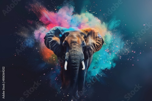 An elephant in full roar, charging forward with a fierce expression. Dynamic colors. Splashes and splatters around the elephant, generated with AI photo