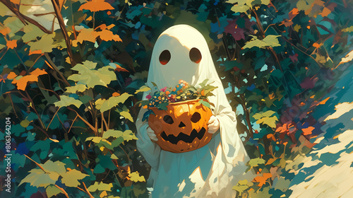 Sweet Little Ghost Holding a Pumpkin Basket ready for trick or treat, Cute halloween character photo