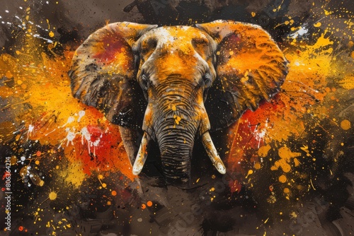 An elephant in full roar, charging forward with a fierce expression. Dynamic colors. Splashes and splatters around the elephant, generated with AI