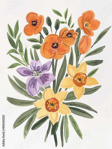 An illustration of flowers in gouache, with orange and purple blossoms and yellow daffodils with green leaves on a white background. Generated with AI