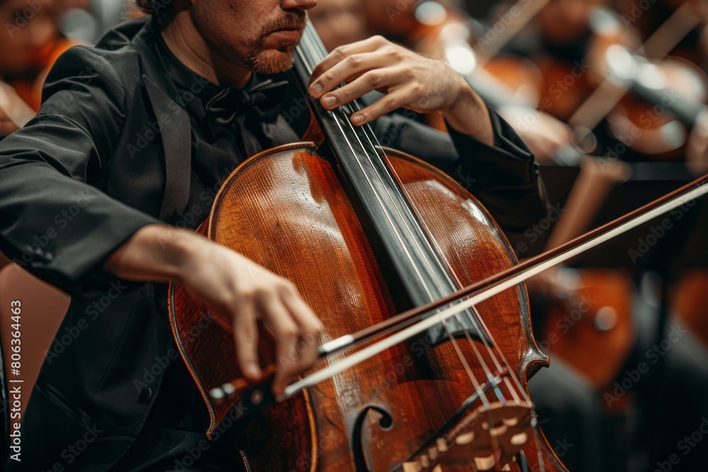 Close up of man in concert playing cello with orchestra Close up of man in concert playing cello with orchestra