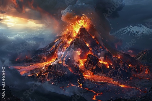 Volcanic Eruption at Sunset: Explosive Lava Illuminates Sky