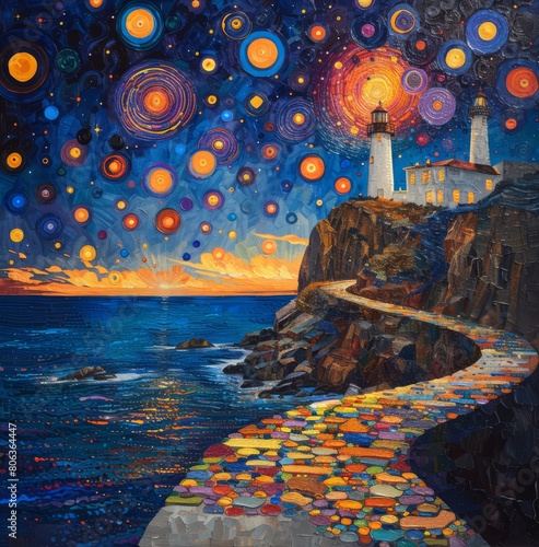 Magical voyage to the sea  sunset   in the style of luminous pointillism  generated with AI