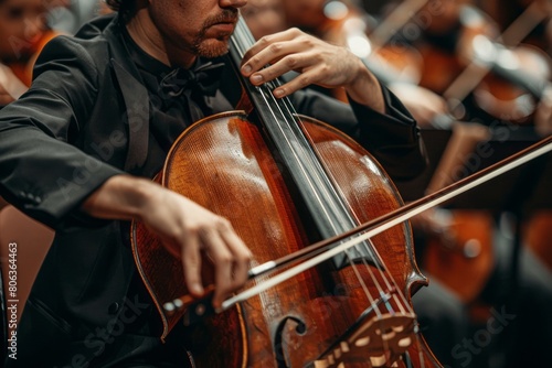 Close up of man in concert playing cello with orchestra