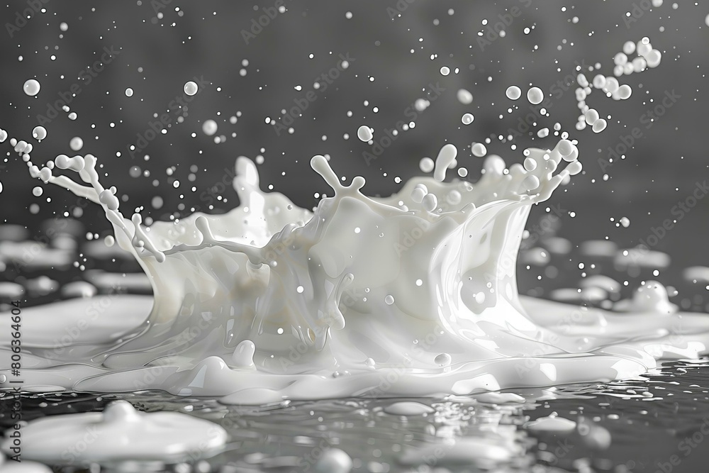 Dynamic Milk Splash With Droplets on Dark Background Dynamic Milk Splash With Droplets on Dark Background