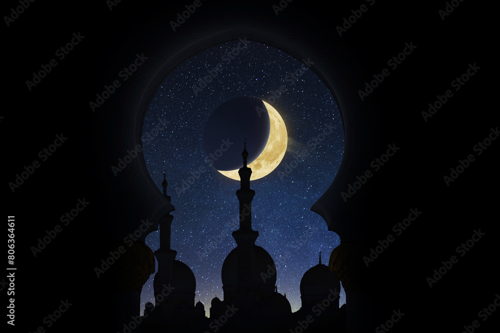 Mosque at night with a month. Silhouette on the background of the starry sky. Ramadan. Mosque at night with a month. Silhouette on the background of the starry sky. Ramadan.
