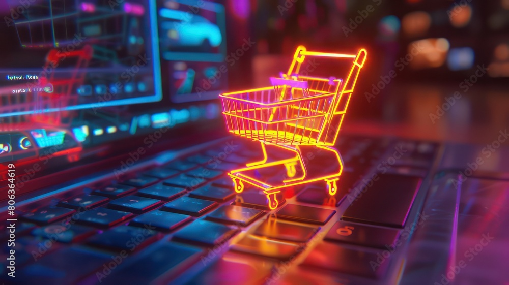 Glowing shopping cart on a laptop created with Generative AI