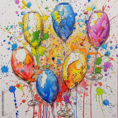 Balloons, serpentine, sparkling wine, sketched, splah of colours , generated with ai photo