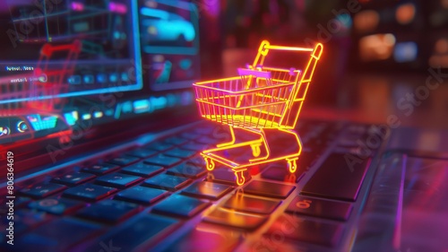 Glowing shopping cart on a laptop created with Generative AI photo