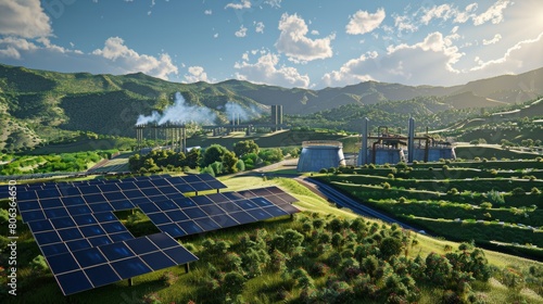 Solar panel, photovoltaic with thermal power station. Concept of old and new energy