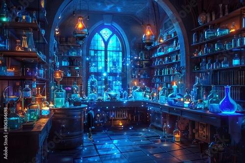 Enchanting Wizard's Laboratory With Glowing Potions and Magical Books